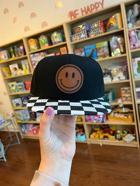 Big Kid/Adult Smiley Patch Hat~ Black/Checker Brim Snapback