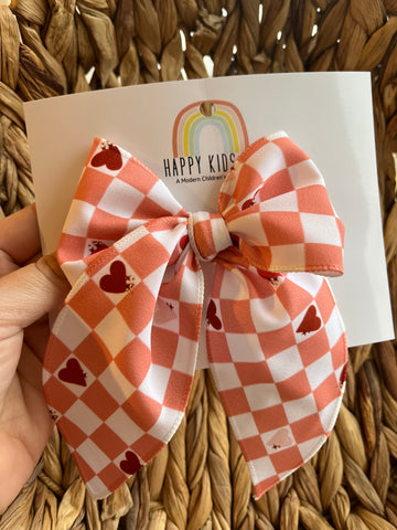 Pink Checkered Hearts Hand Tied Bow