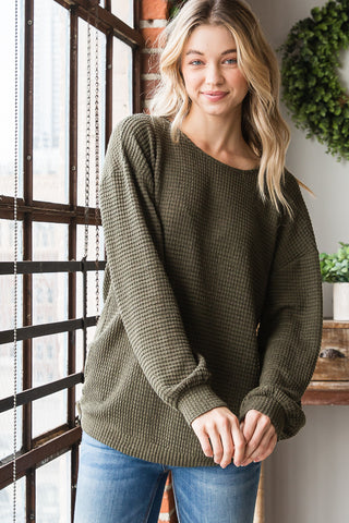 Solid Waffle Long Sleeve Top~ Olive