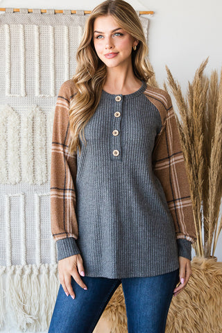 Henley Top~ Charcoal/Plaid