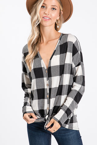 Black Plaid Tie Front Fall Top